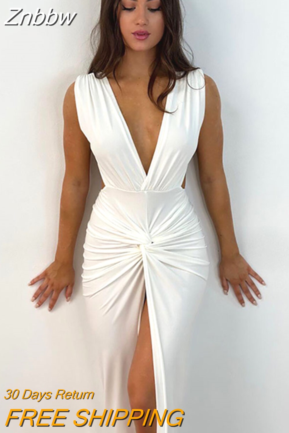 Znbbw 2023 Summer Fashion Ruched Long Dress Sexy Backless V Neck Hight Slit Women Bodycon Party Maxi Dress