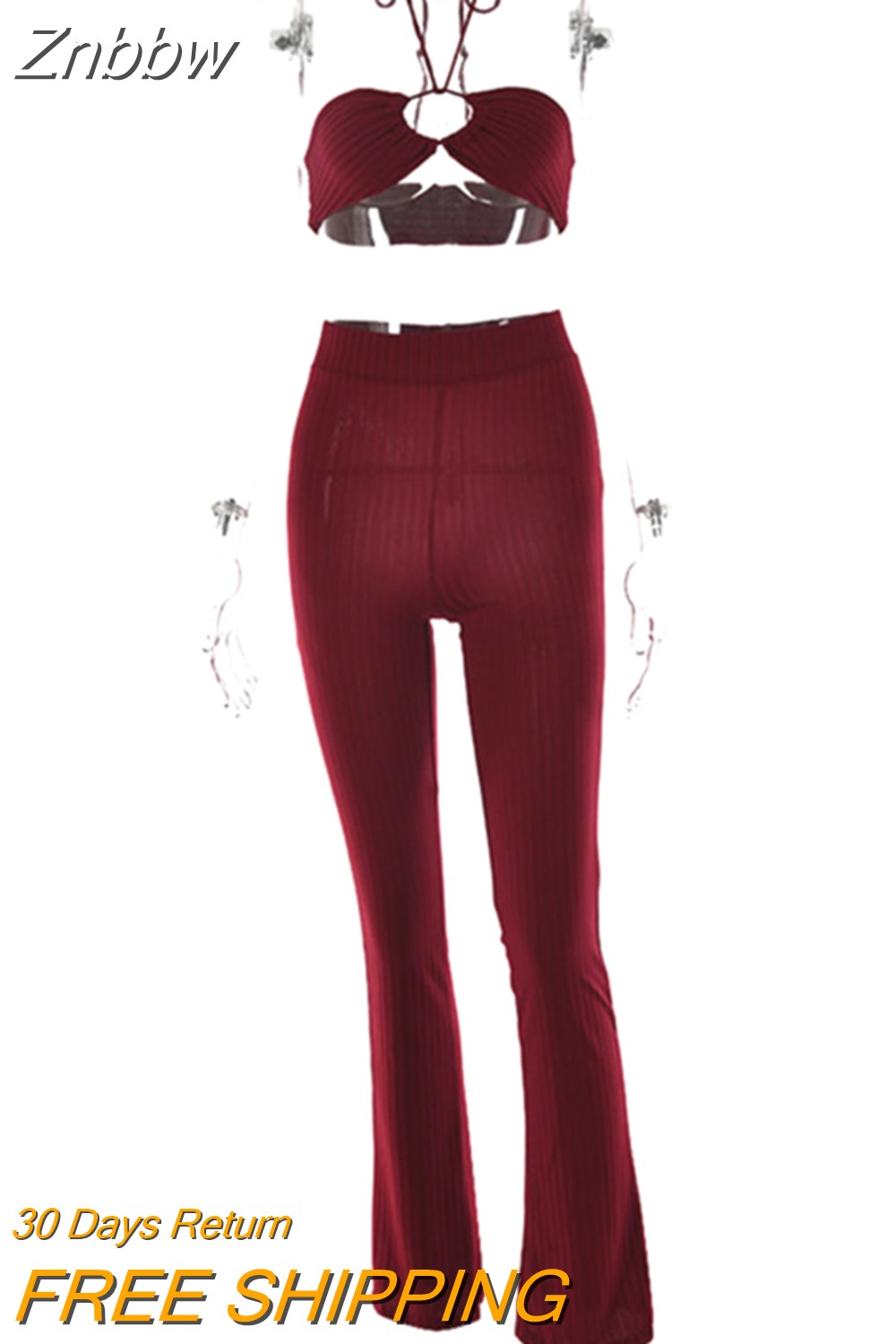 Znbbw Knit Ribbed Two Piece Set For Women Sexy Halter Corset Tank Tops And Straight Pants Sets White Hollow Out Trouser Set