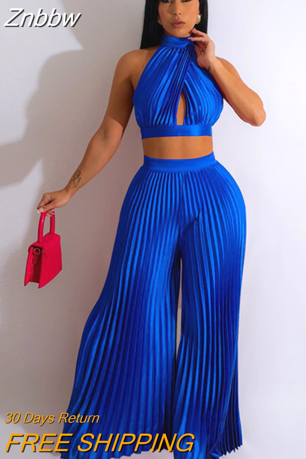 Znbbw Women Pleated Halter Lace Up Sleeveless Pant Suits 2023 Summer New Party Outfits Lady Fashion Top Wide Leg Pants Two Piece Set