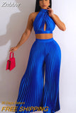 Znbbw Women Pleated Halter Lace Up Sleeveless Pant Suits 2023 Summer New Party Outfits Lady Fashion Top Wide Leg Pants Two Piece Set