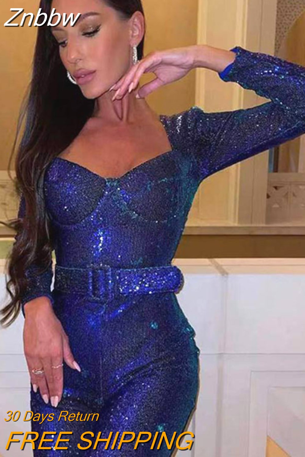 Znbbw Sequins Belt Jumpsuit Women Square Collar Long Sleeve Bodysuit Autumn Wide Leg Pants Female Party Club Outfits