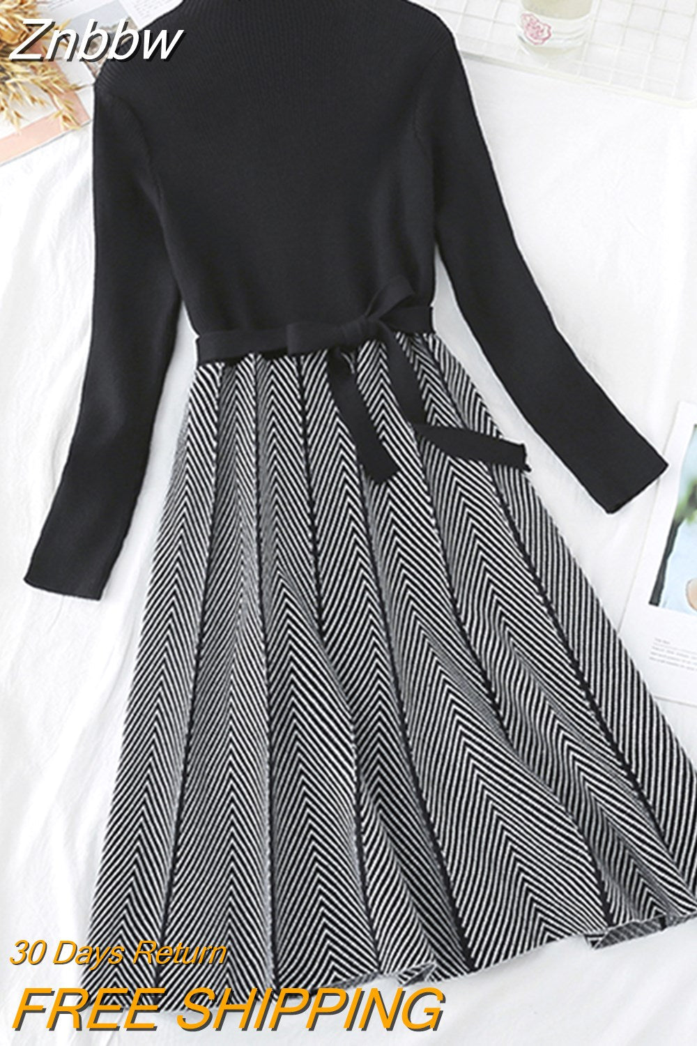 Znbbw High Collar A-line Knit Dress Women's 2023 Autumn Winter Thickened Arrow Striped Women Elegant Sashes Knitted Dress