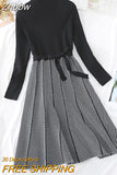 Znbbw High Collar A-line Knit Dress Women's 2023 Autumn Winter Thickened Arrow Striped Women Elegant Sashes Knitted Dress
