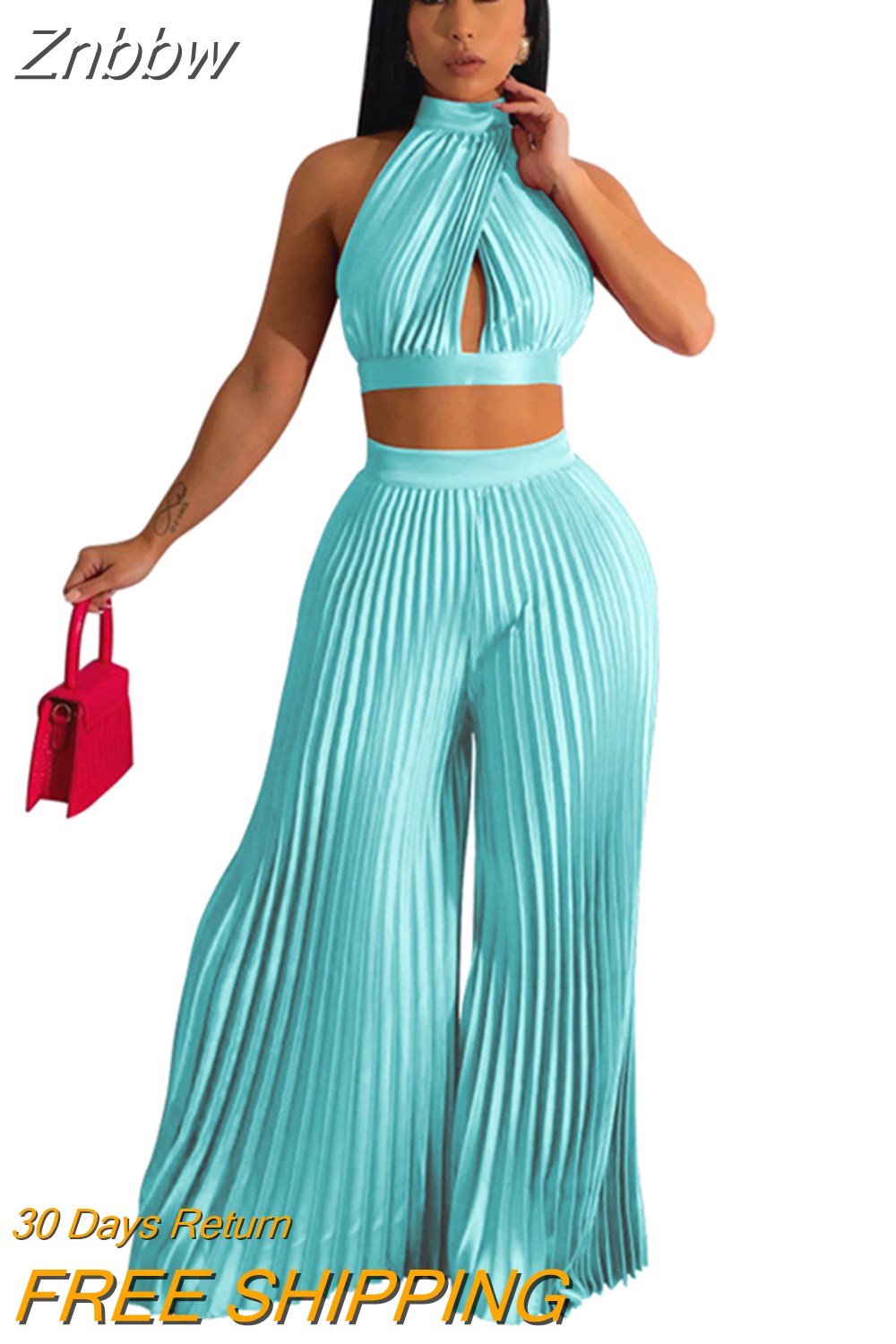 Znbbw Women Pleated Halter Lace Up Sleeveless Pant Suits 2023 Summer New Party Outfits Lady Fashion Top Wide Leg Pants Two Piece Set