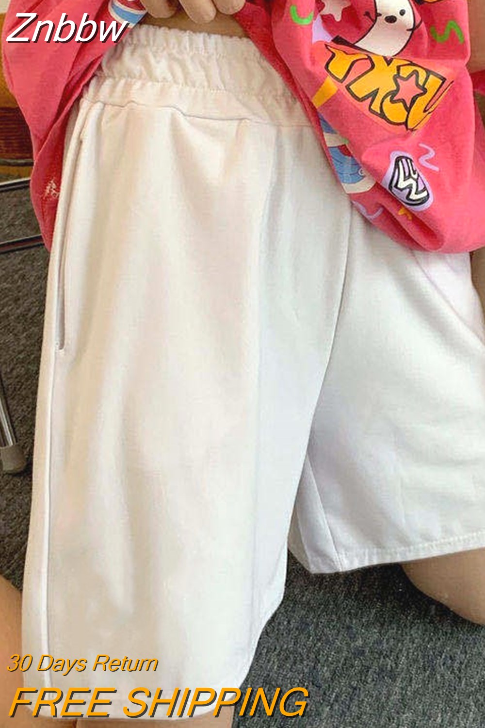 Znbbw Summer Black Short Women Fashion Ladies Elastic Waist Short Pant High Waist Streetwear Wide-leg Oversize Simple Unisex Short