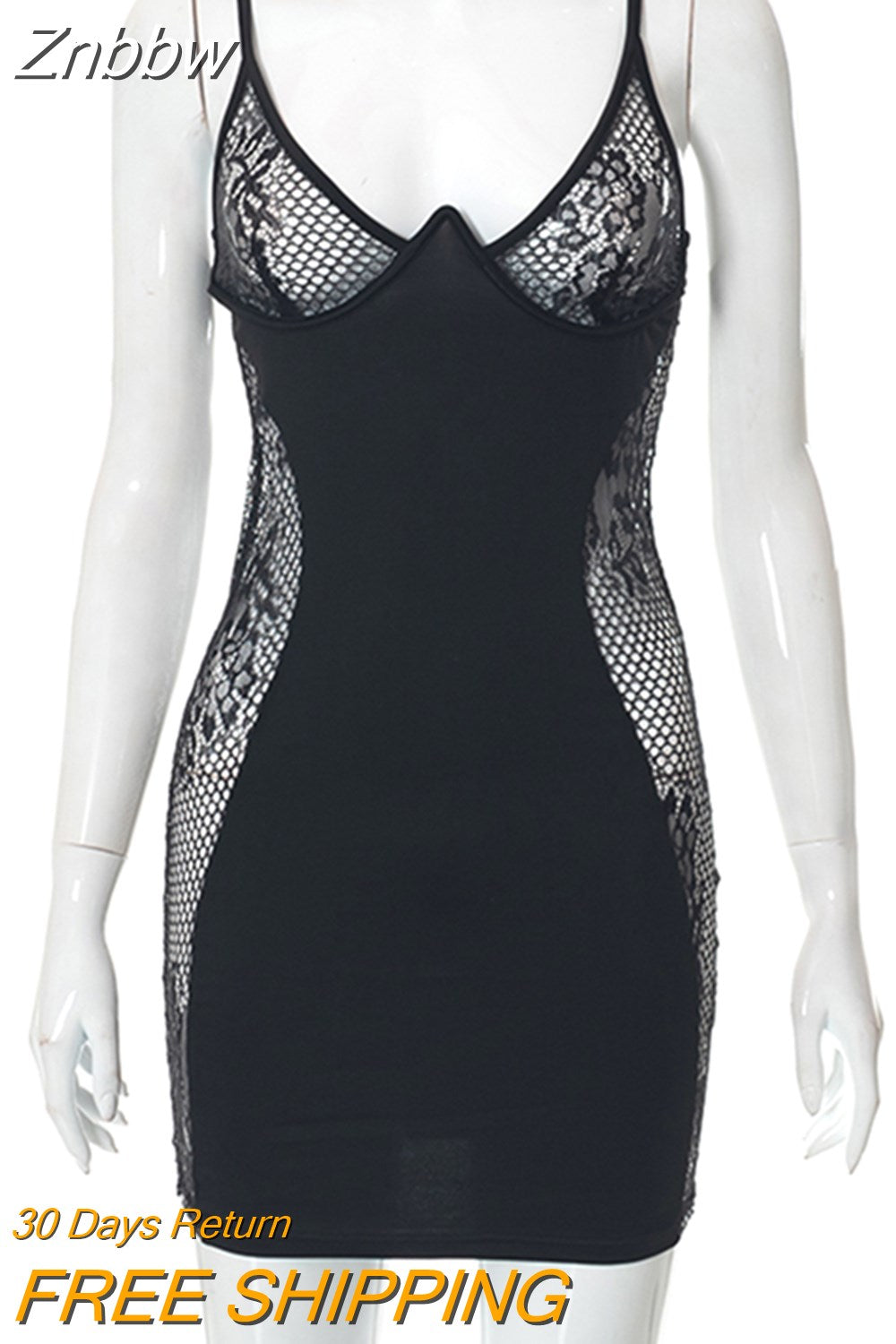 Znbbw Spaghetti Strap Lace Patchwork Mini Dress Women Backless See Through Black Gothic Robe 2023 Summer Harajuku Grunge Clothes