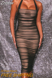 Znbbw 2023 Mesh Halter Ruched Bodycon Party Dress Women Double Layer Summer Spring Dresses Partywear Sexy Backless Vestidos