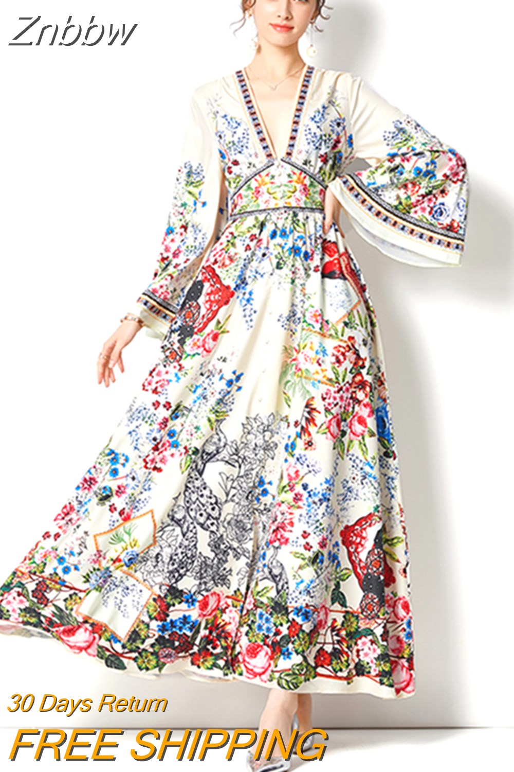 Znbbw Sexy Deep V Neck Holiday Dress 2023 Spring Women's Long Flare Sleeve Buttons Up Floral Print Split Long Party Robe