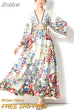 Znbbw Sexy Deep V Neck Holiday Dress 2023 Spring Women's Long Flare Sleeve Buttons Up Floral Print Split Long Party Robe