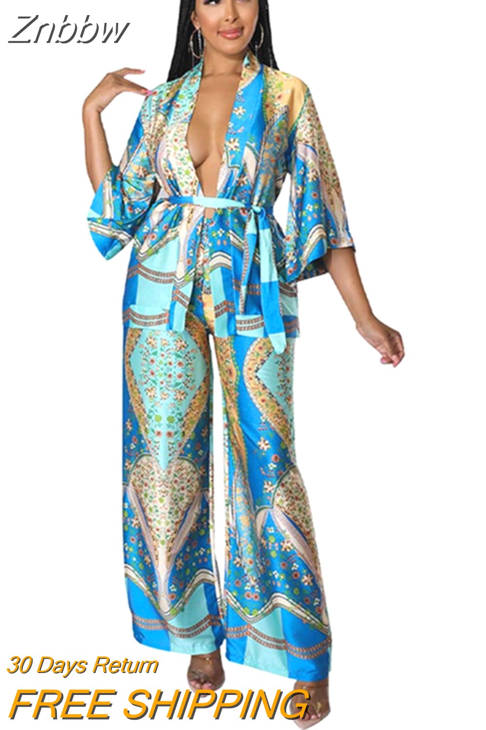 Znbbw Women Satin Print 2 Piece Sets 2023 Female Elegant Loose Tracksuit Outfits Casual Long Sleeve Blouse Tops And Wide Leg Pant Suit