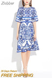 Znbbw Summer Runway Sicily Midi Dress Women Short Sleeve High Street Blue Flowers Print Slim Casual A-Line Knee Length Dress