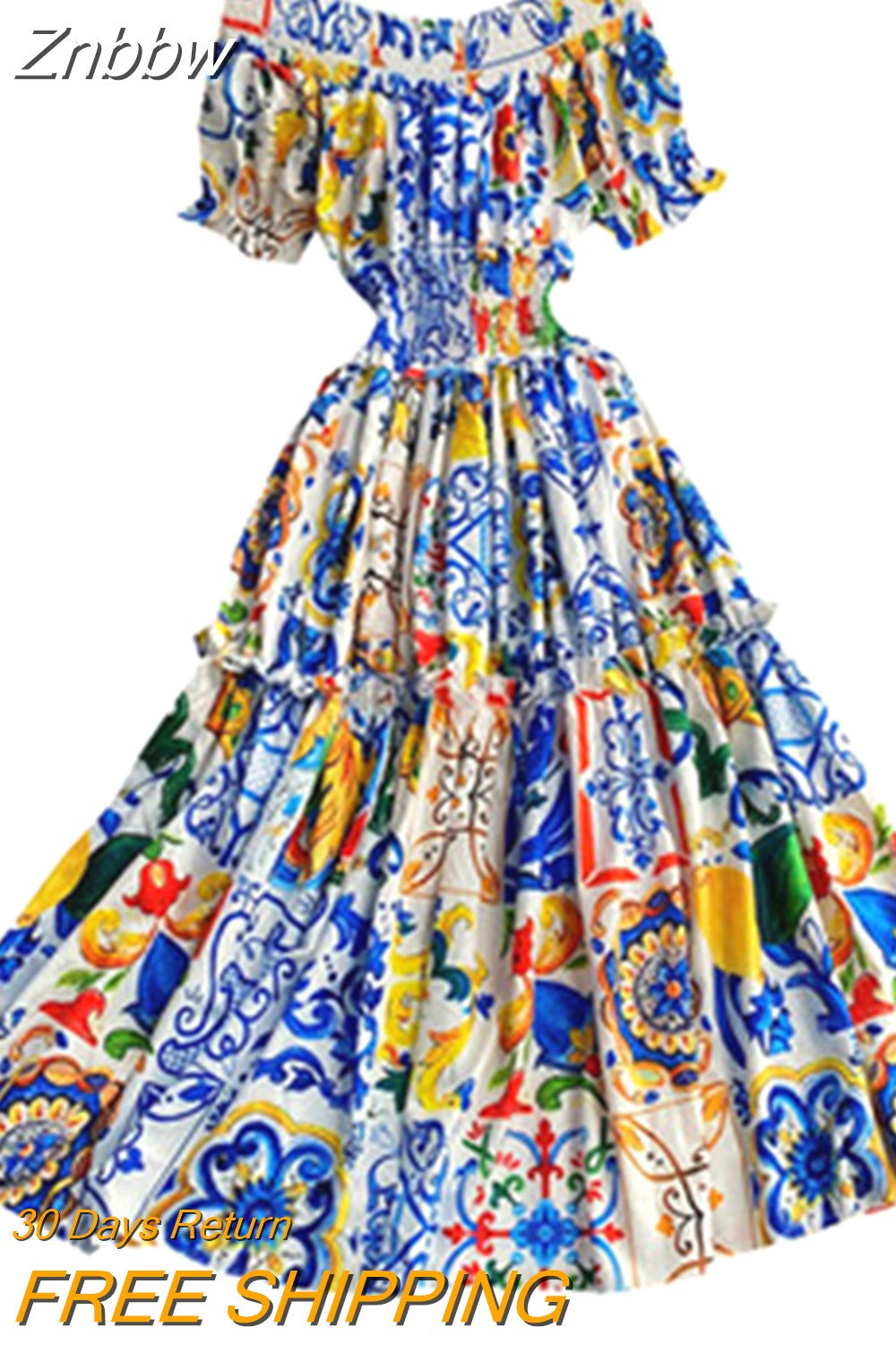 Znbbw 2023 Women Summer Bohemian Porcelain Printed Flower Dress Off Shoulder Puff Sleeve Elastic Waist Runway Midi Dress B7218