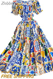 Znbbw 2023 Women Summer Bohemian Porcelain Printed Flower Dress Off Shoulder Puff Sleeve Elastic Waist Runway Midi Dress B7218