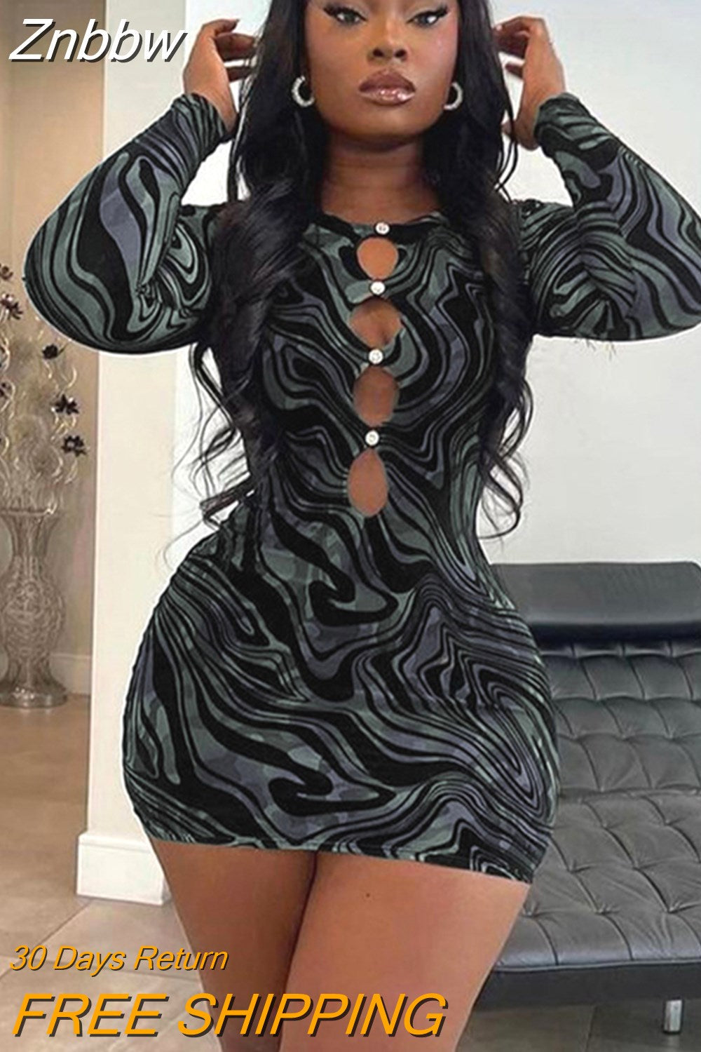 Znbbw Swirl Print Mesh Cut Out Bodycon Mini Dress Women Long Sleeve Casual Slim Fit Robe 2023 Spring Fall Party Club Clothes