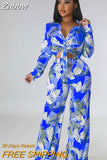 Znbbw Printed Pants Two Piece Set For Women Lapel Long Sleeve Lace-up Shirt Top Loose Pant Suit 2023 Summer Casual Lady Outfit