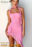 Znbbw Halter Backless Ruffles Bodycon Mini Dress Women Off Shoulder Pink Prom Vestidos 2023 Summer Harajuku Lolita Y2K Clothes