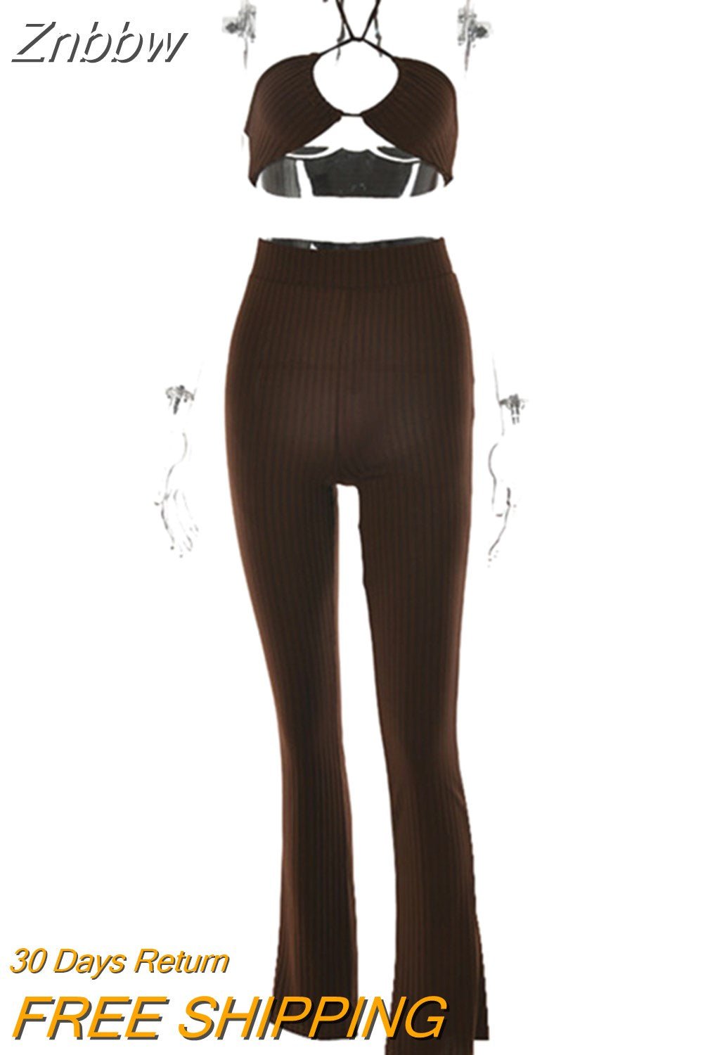 Znbbw Knit Ribbed Two Piece Set For Women Sexy Halter Corset Tank Tops And Straight Pants Sets White Hollow Out Trouser Set