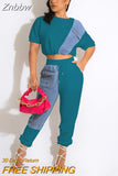 Znbbw Jean Patchwork Women Two 2 Piece Set 2023 Summer Tee And Jogger Pants Matching Set Female Suits