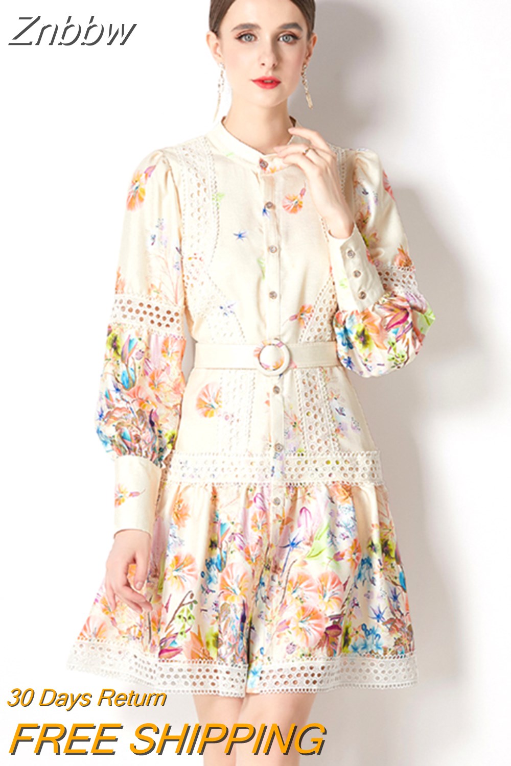 Znbbw Women Single Breasted Mini Dress Lantern Long Sleeves Sashes Boho Vintage Dress Fashion Lady OL Floral Print Lace Robe