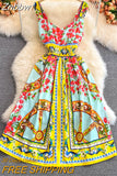 Znbbw 2023 Fashion Runway Summer Vintage Party Dress Spaghetti Strap Printed High Elastic Waist A-Line Knee-Length Dress