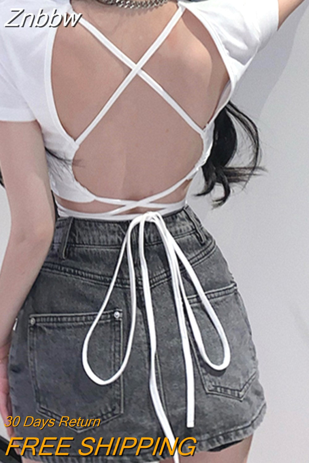 Znbbw 2023 Sexy Party Short Sleeve Tops Women Backless Hollow Out Short Crop Tops Camisoles Streetwear White Lace Up Crop Tops