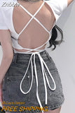 Znbbw 2023 Sexy Party Short Sleeve Tops Women Backless Hollow Out Short Crop Tops Camisoles Streetwear White Lace Up Crop Tops