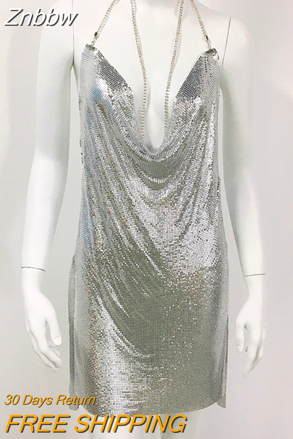 Znbbw Sexy Diamond Halter Metal Party Dresses Gold Silver Summer Dress Vesitos Backless Sequins Women Bodycon Dress
