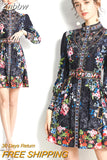 Znbbw New Fashion Runway Spring Women Lantern Long Sleeve Multicolor Floral Print Dress Boho Holiday Beach Ladies Mini Dress