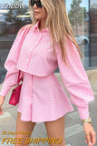 Znbbw Plaid Culottes Shorts Sets Shirt Collar Matching Suits Blouse Long Sleeve Top Outfits Summer Autumn Women Two Piece Set