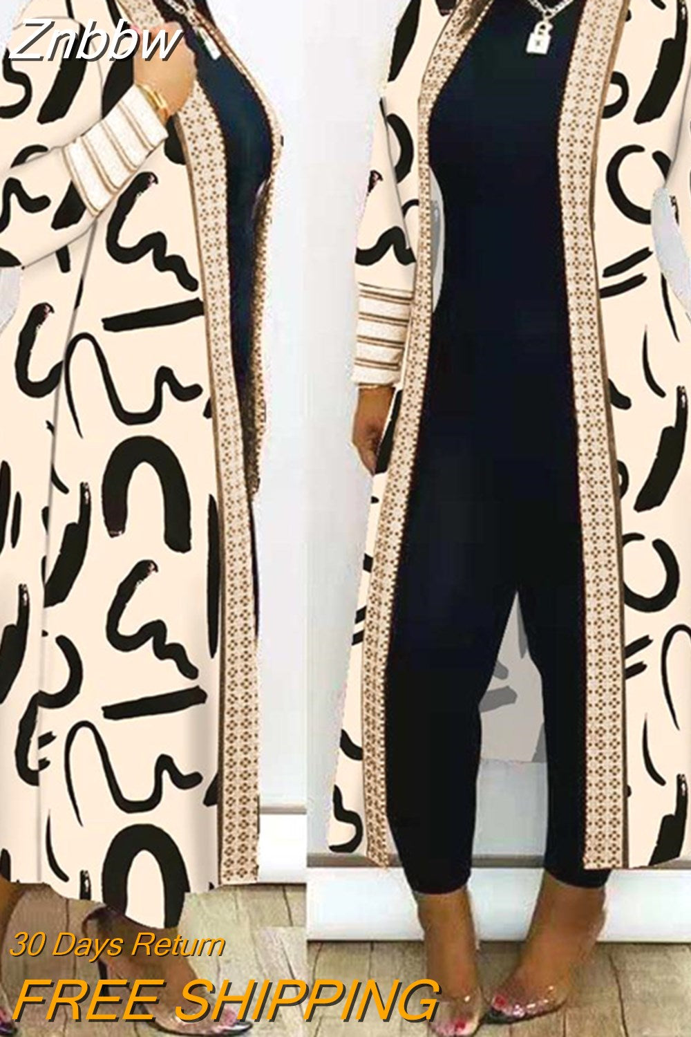 Znbbw Women Printed Long Cardigan full sleeve Trench  OverCoat Lady Casual Loose Open Stitich Coat Female 2023 Autumn Spring Fashion