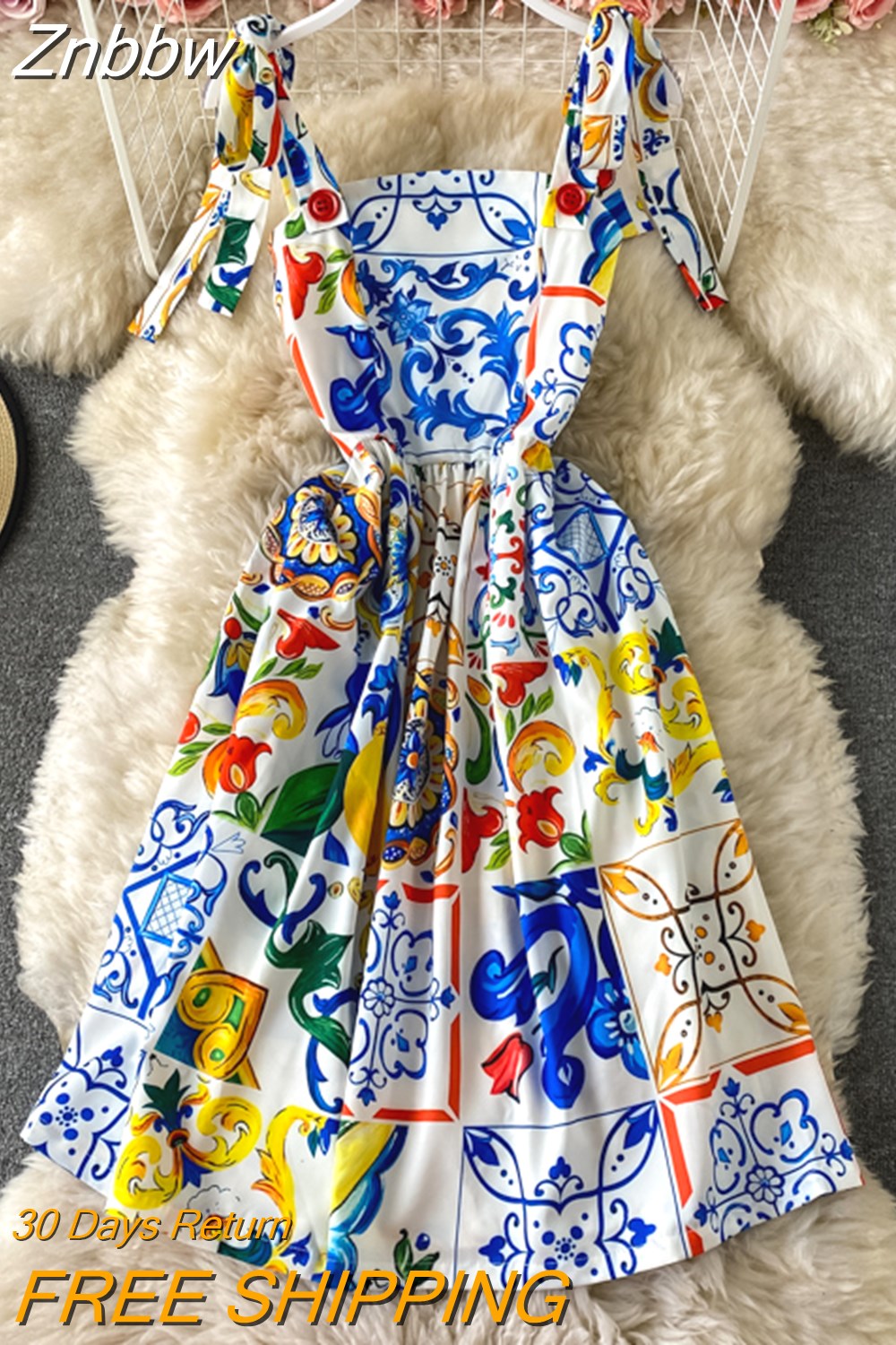 Znbbw 2023 HOT Summer Runway Boho Dress Women's Bow Spaghetti Strap Backless Blue and White Porcelain Floral Print Mini Dress