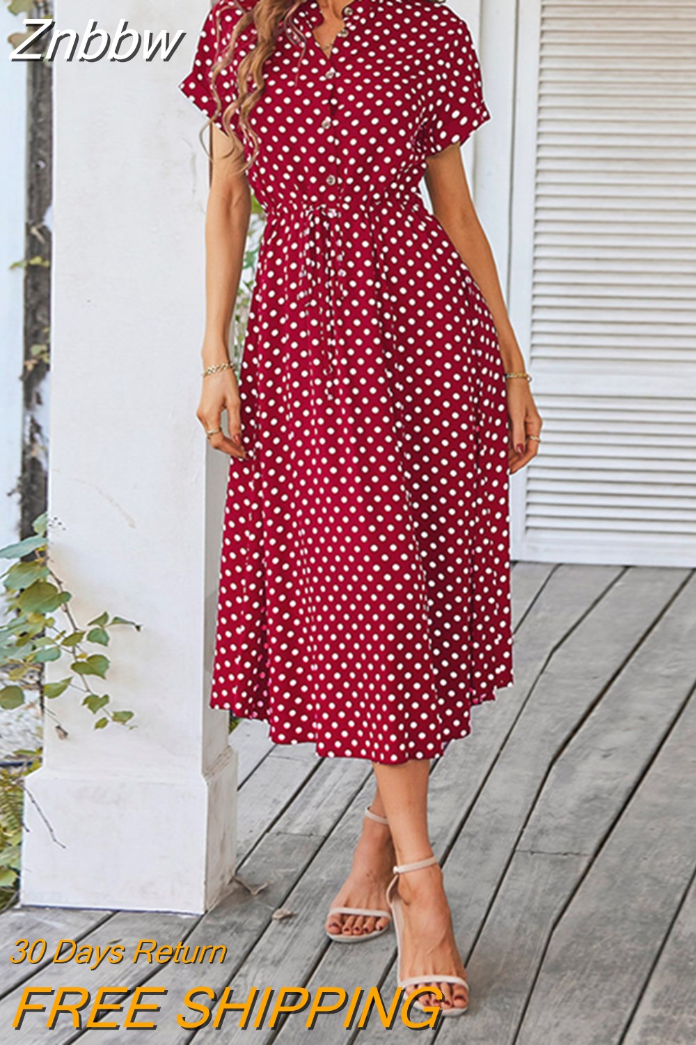 Znbbw Dot Dress Women 2023 New Summer Casual V-Neck Button Short Sleeve Midi Dresses Female Holiday Boho Beach Dresses Vestidos