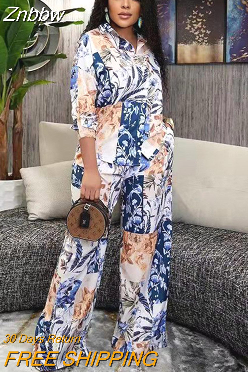 Znbbw Women Retro Print Two Piece Set Fashion Lapel Single-breasted Blouses Suit Casual Wide Leg Pants Home Wear Outfits