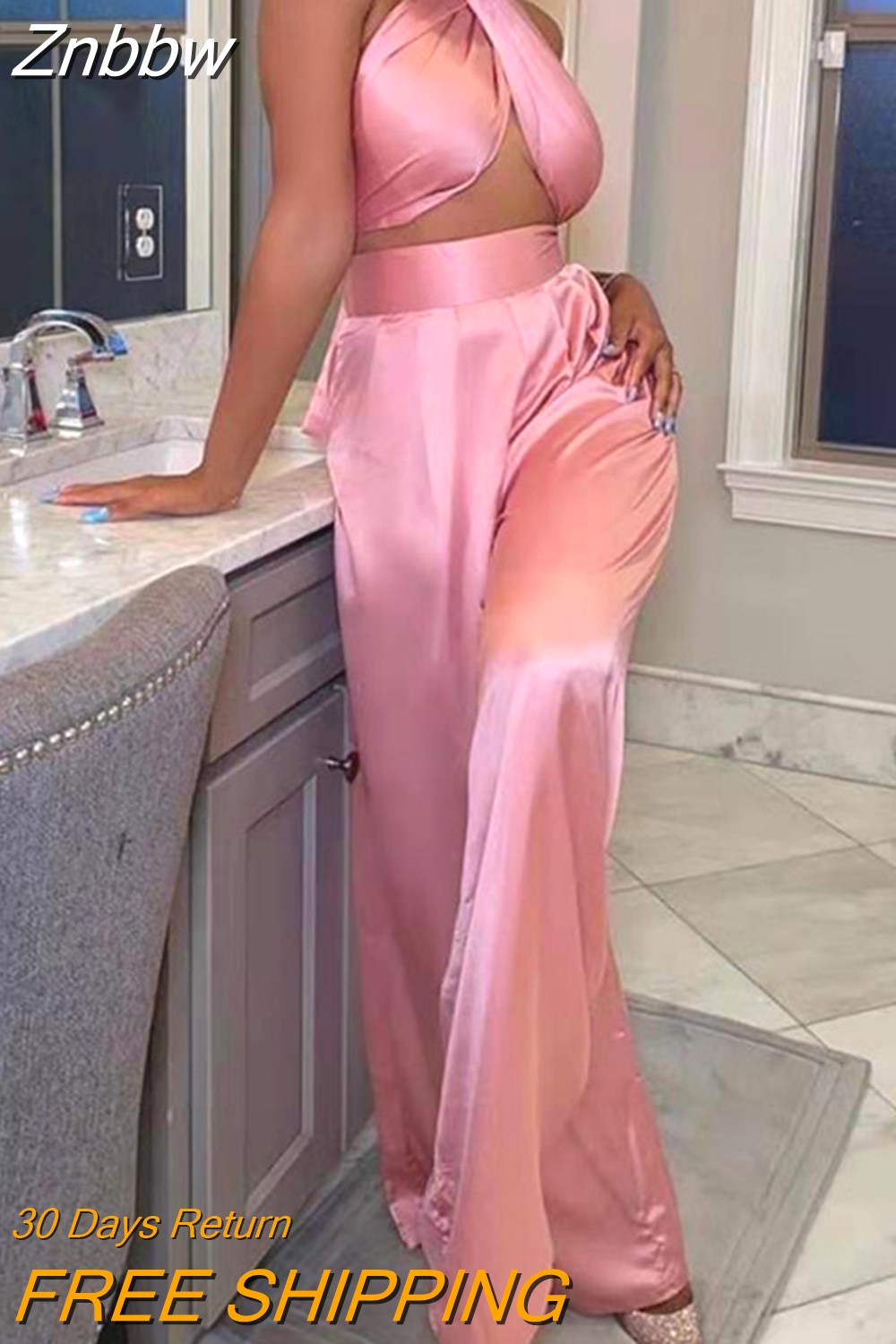 Znbbw Sleeveless Two Piece Sets For Women Fashion Halter Crop Tops Wide Leg Pants Suits Beachwear Summer Backless Matching Set