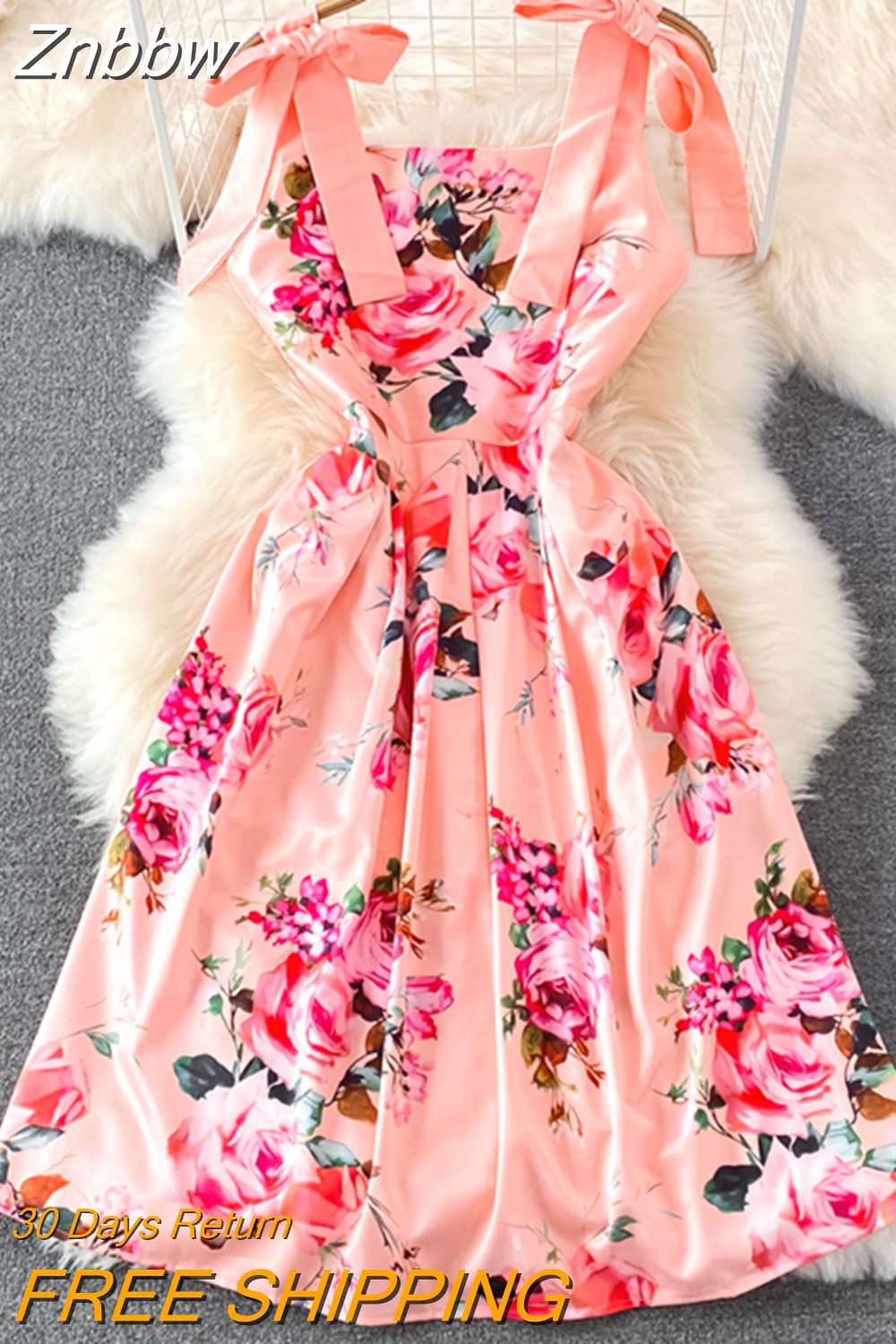 Znbbw Runway Summer Bow Tank Dress 2023 New Women's Spaghetti Strap Backless Palace Floral Print Holiday Beach Dress N66878