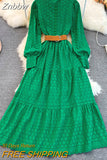 Znbbw 2023 Spring Embroidery Long Dress Women White Black Green Hollow Out Single Breasted Long Sleeve Ladies Party Dress