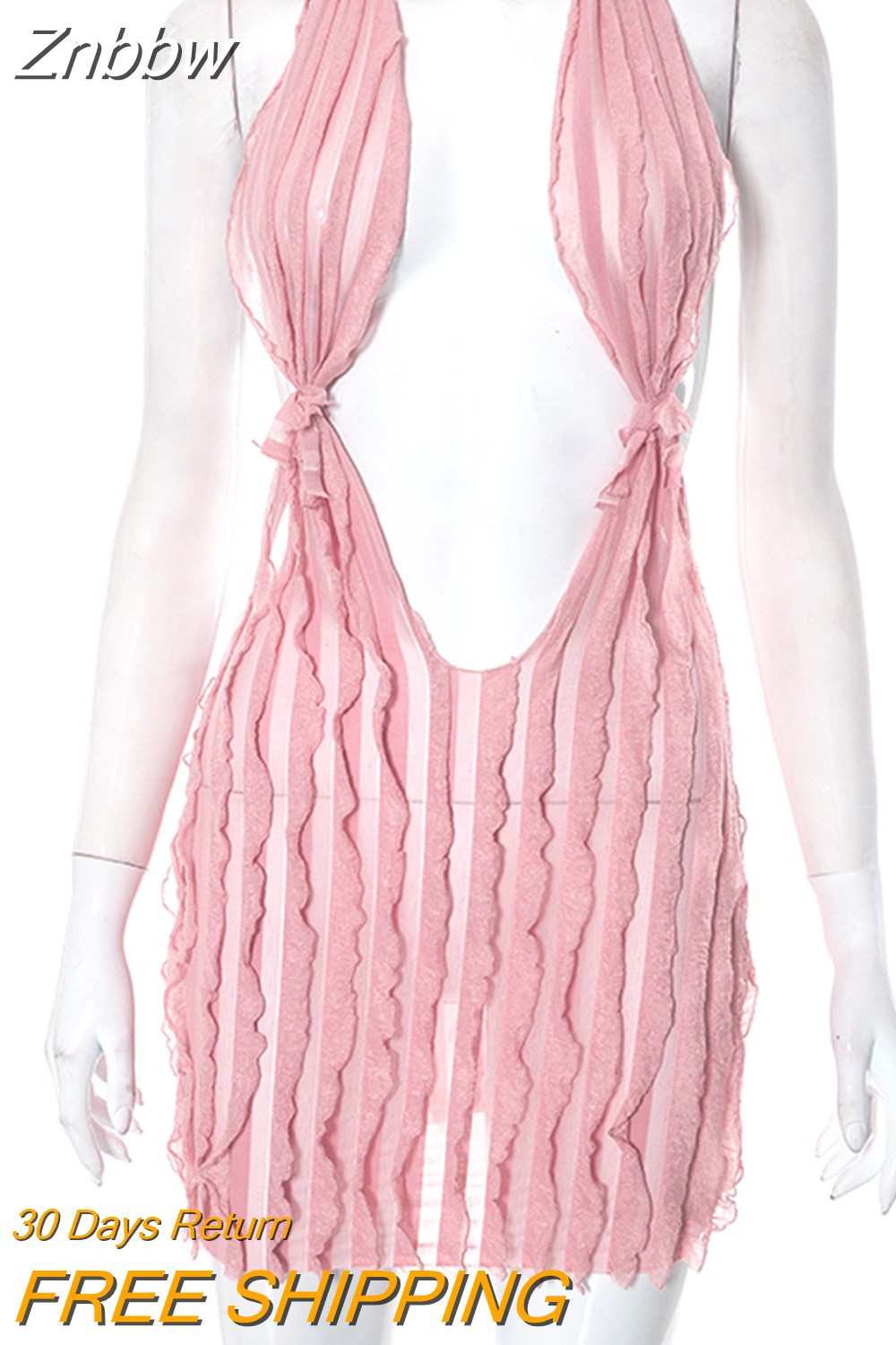 Znbbw Halter Deep V Neck Backless Ruffles Mini Dress Women Sleeveless Slim Evening Club Party Elegant Short Dresses 2023 Summer