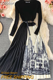 Znbbw Winter Elegant Knitted Patchwork Contrast Color Pleated Dress Women Long Sleeve Office Lady Sweater Dress With Belt