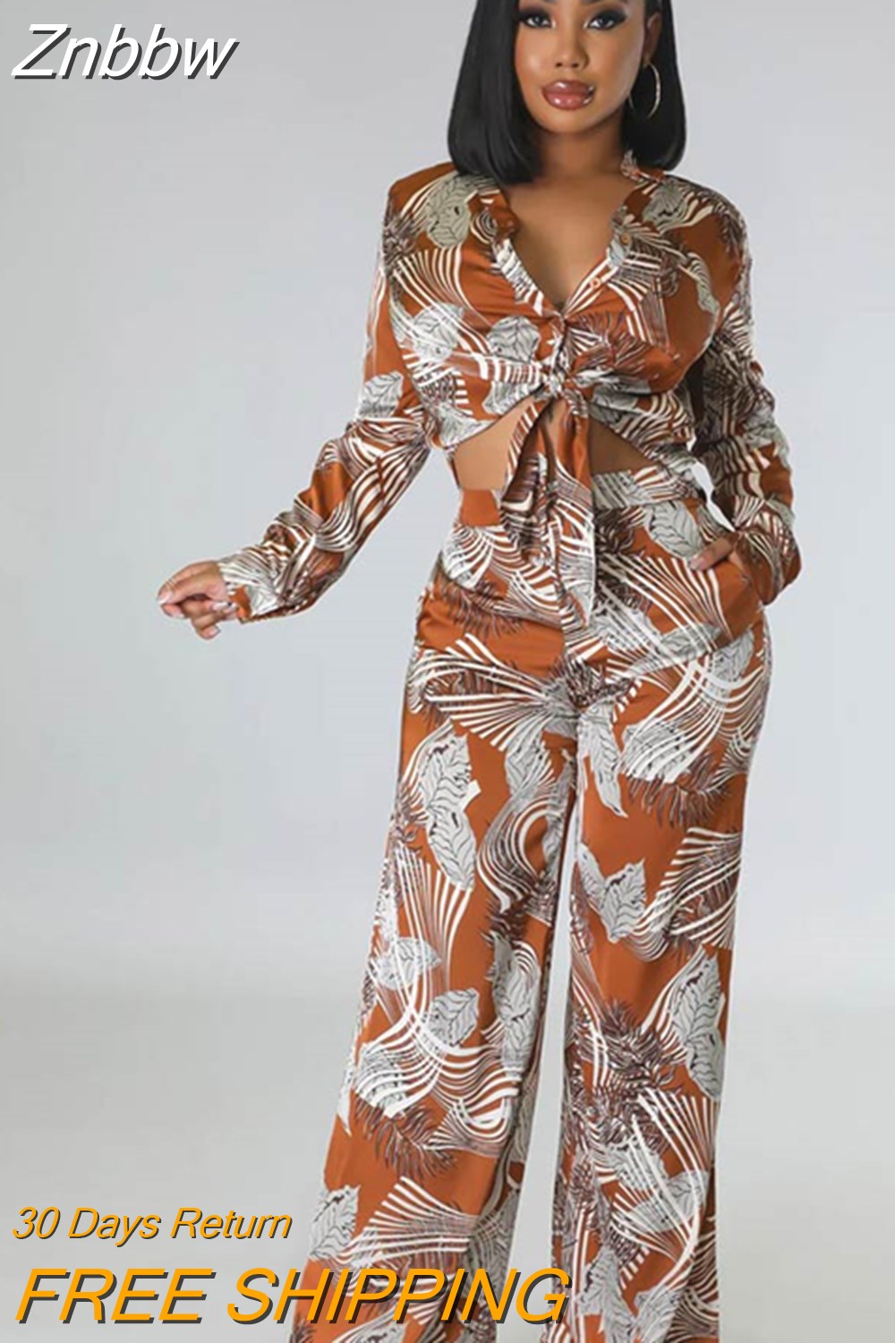 Znbbw Printed Pants Two Piece Set For Women Lapel Long Sleeve Lace-up Shirt Top Loose Pant Suit 2023 Summer Casual Lady Outfit