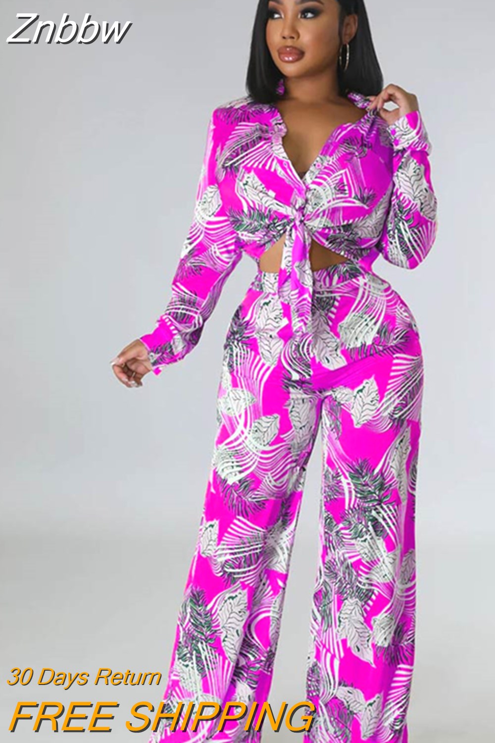 Znbbw Printed Pants Two Piece Set For Women Lapel Long Sleeve Lace-up Shirt Top Loose Pant Suit 2023 Summer Casual Lady Outfit