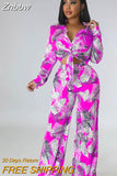 Znbbw Printed Pants Two Piece Set For Women Lapel Long Sleeve Lace-up Shirt Top Loose Pant Suit 2023 Summer Casual Lady Outfit