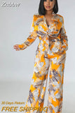 Znbbw Printed Pants Two Piece Set For Women Lapel Long Sleeve Lace-up Shirt Top Loose Pant Suit 2023 Summer Casual Lady Outfit