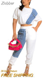 Znbbw Jean Patchwork Women Two 2 Piece Set 2023 Summer Tee And Jogger Pants Matching Set Female Suits