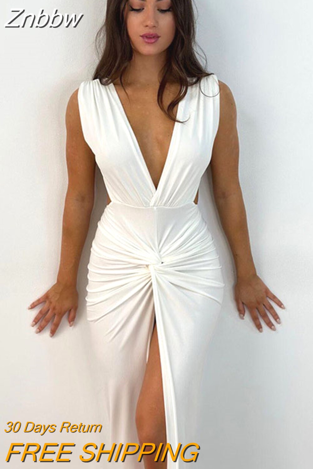 Znbbw 2023 Summer Fashion Ruched Long Dress Sexy Backless V Neck Hight Slit Women Bodycon Party Maxi Dress