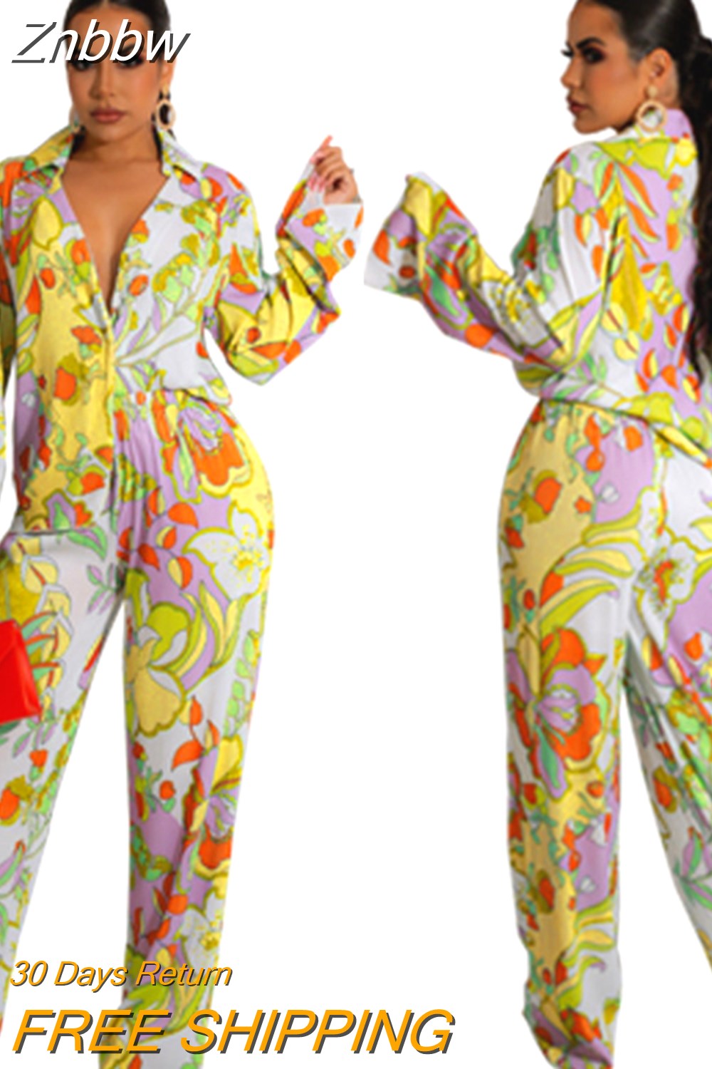 Znbbw Print Long Sleeve Blouses 2 Pecies Set Women Lapel Single-breasted Shits Suits 2023 Autumn High Wait Pants Outfits