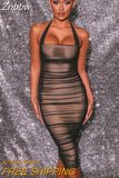 Znbbw 2023 Mesh Halter Ruched Bodycon Party Dress Women Double Layer Summer Spring Dresses Partywear Sexy Backless Vestidos