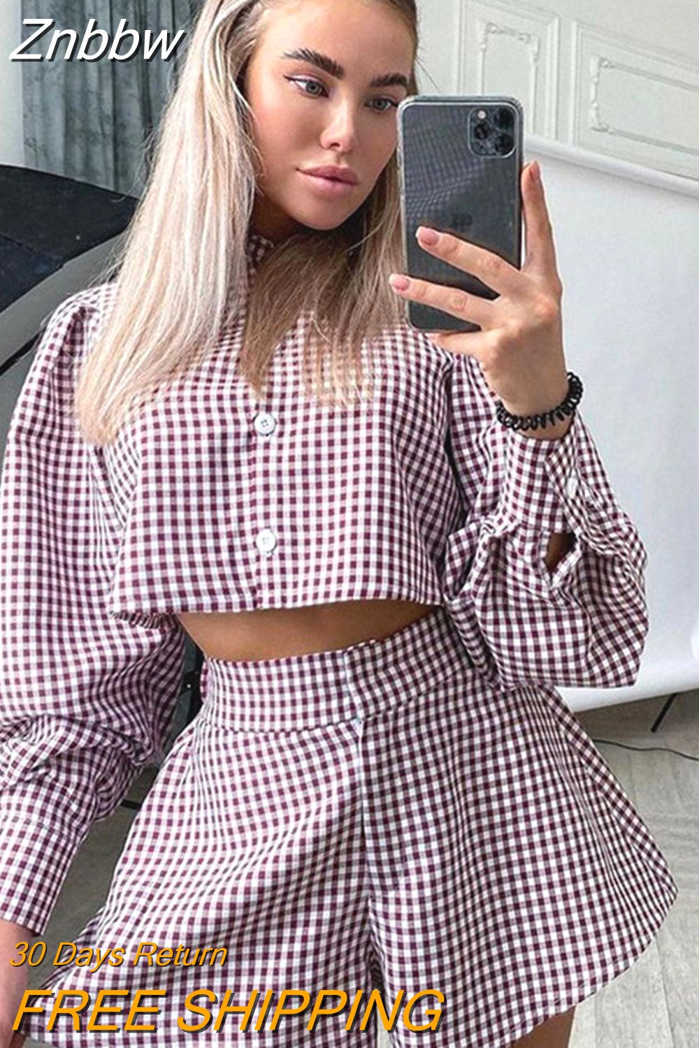 Znbbw Plaid Culottes Shorts Sets Shirt Collar Matching Suits Blouse Long Sleeve Top Outfits Summer Autumn Women Two Piece Set