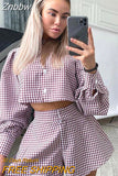 Znbbw Plaid Culottes Shorts Sets Shirt Collar Matching Suits Blouse Long Sleeve Top Outfits Summer Autumn Women Two Piece Set