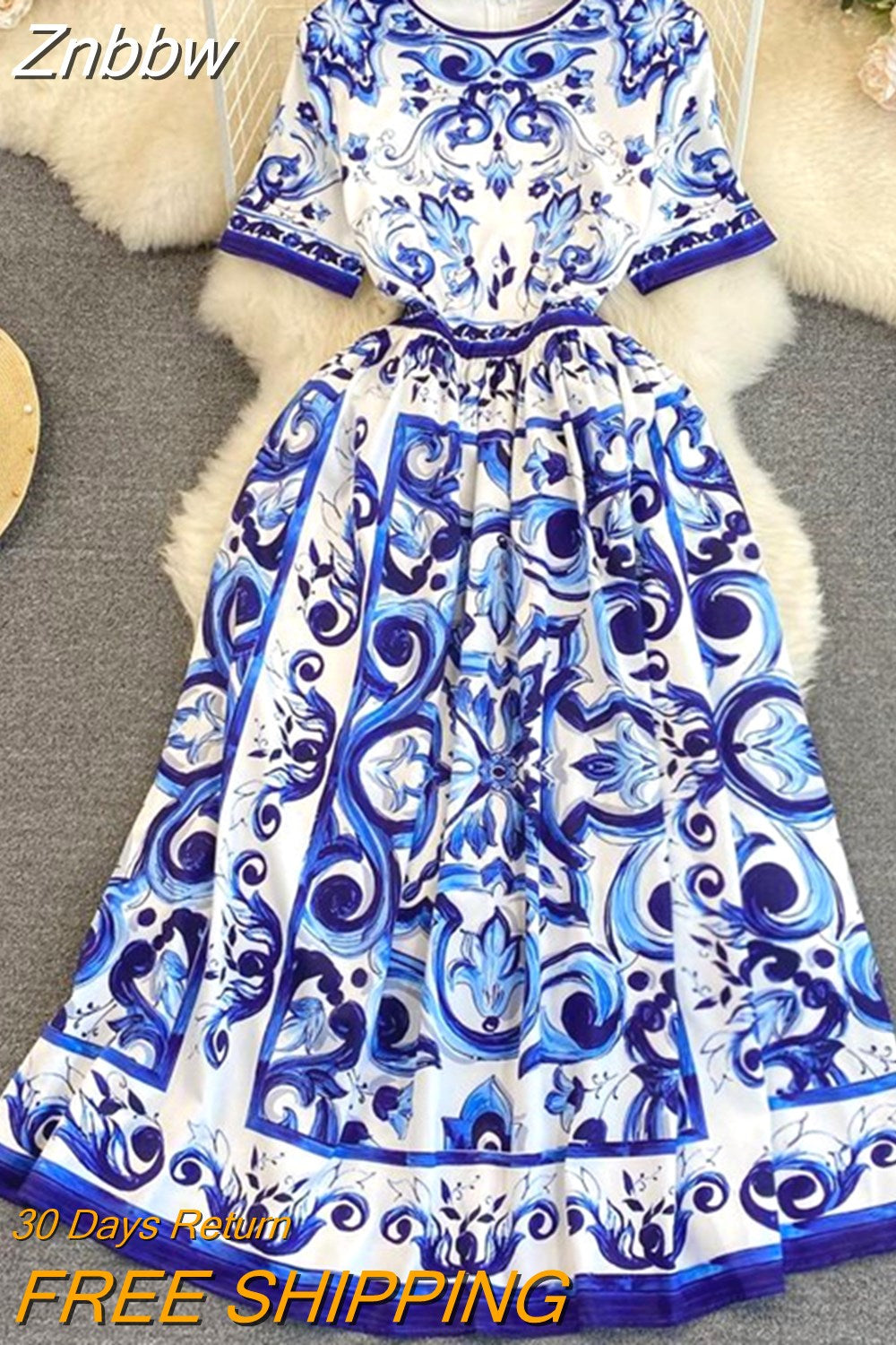 Znbbw Fashion Designer Summer Dress Women O-Neck Short Sleeve Blue and White Porcelain Print High Waist Midi Vacation Dress