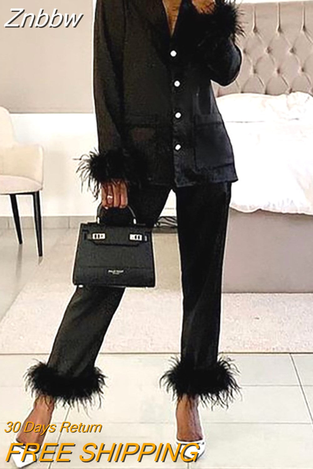 Znbbw Satin Feather Women 2 Piece Set Fashion Long Sleeve Bowknot Up Long Blouse Female Shirt Tops Wide Leg Pants Suit Outfits